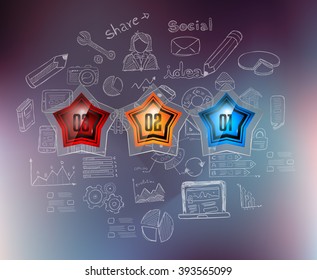 Infographics complex layout with option buttons and hand drawn sketch background for data and information analysis with a number of solutions available. Ideal for product presentation, item ranking.