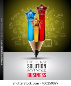 Infographics complex layout with option buttons and hand drawn sketch background for data and information analysis with a number of solutions available. 