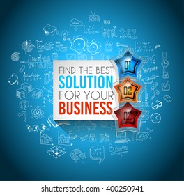 Infographics complex layout with option buttons and hand drawn sketch background for data and information analysis with a number of solutions available. 