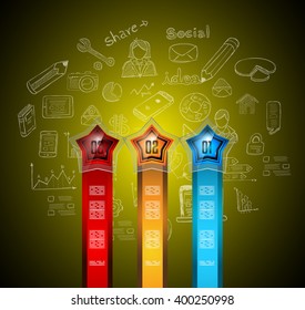 Infographics complex layout with option buttons and hand drawn sketch background for data and information analysis with a number of solutions available. 