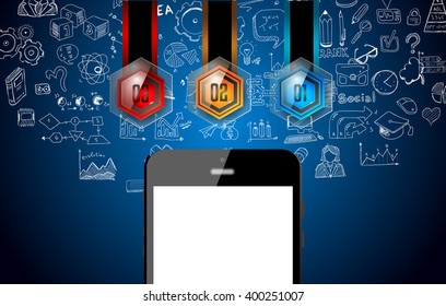 Infographics complex layout with option buttons and hand drawn sketch background for data and information analysis with a number of solutions available. 