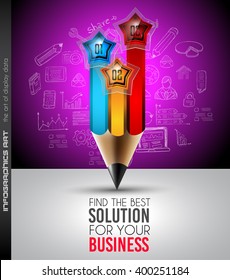 Infographics complex layout with option buttons and hand drawn sketch background for data and information analysis with a number of solutions available. 