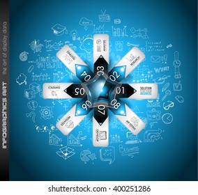 Infographics complex layout with option buttons and hand drawn sketch background for data and information analysis with a number of solutions available. 