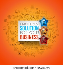 Infographics complex layout with option buttons and hand drawn sketch background for data and information analysis with a number of solutions available. Ideal for product presentation, item ranking