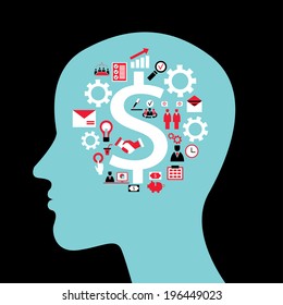 Infographics concept with head profile, brain, gears and business icons. Vector illustration