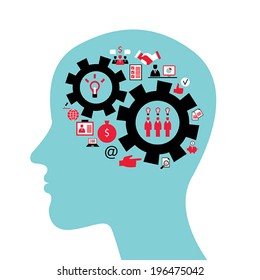 Infographics concept with head profile, brain, gears and business icons. Vector illustration