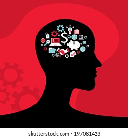 Infographics concept with head profile, brain, gears and business icons. Vector illustration