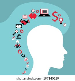 Infographics concept with head profile, brain, gears and business icons. Vector illustration