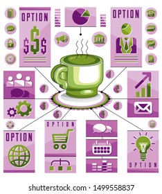 Infographics concept with hot cup of tee or coffee, 3d drawing visual presentation idea, vector illustration.