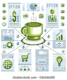 Infographics concept with hot cup of tee or coffee, 3d drawing visual presentation idea, vector illustration.