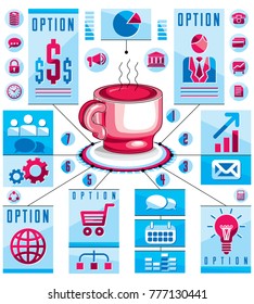 Infographics concept with hot cup of tee or coffee, 3d drawing visual presentation idea, vector illustration.