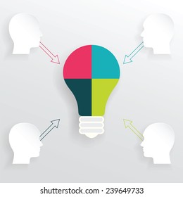 Infographics Concept  with a Human Heads and bulb. Team work. Idea concept. Vector infographic template business silhouette head