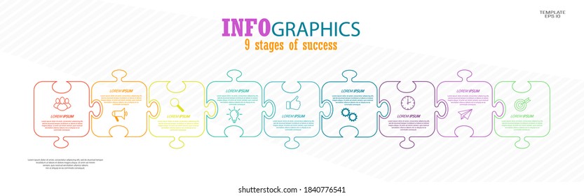 Infographics. A concept template with visual icons. 9 stages of business, training, marketing or financial success. Vector illustration