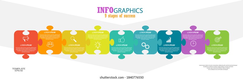 Infografiken. Eine Konzeptvorlage mit visuellen Symbolen. 9 Stufen des Geschäfts, der Ausbildung, des Marketing oder des finanziellen Erfolgs. Vektorgrafik