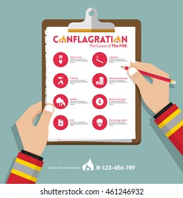 infographics of conflagration report data in flat design. Icon set for property or real estate insurance. Fireman hand holding clipboard. Vector Illustration