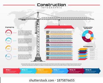 Infographics with construction crane working on building site. Vector industrial infographic charts, graphs and percentage rate diagrams of engineering and architecture equipment, development steps