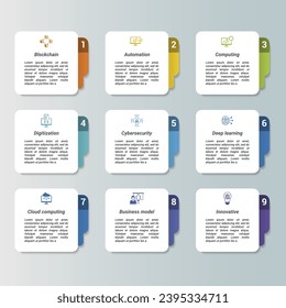 Infographics with Corporative Development theme icons, 10 steps. Such as advancement planning, decision making, organization goal, collaborative resolution and more.