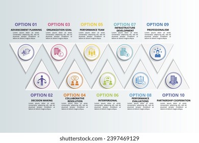 Infographics with Corporative Development theme icons, 10 steps. Such as advancement planning, decision making, organization goal, collaborative resolution and more.