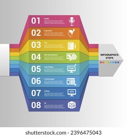Infographics with Creative Package theme icons, 10 steps. Such as studio, inspiration, test, web development and more.
