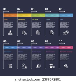 Infographics with Crisis theme icons, 10 steps. Such as state, bankruptcy, tax break, credit and more.