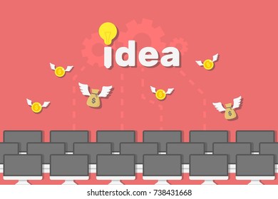 Infographics crowdfunding, flat vector illustration, idea of a text, coins and a bag of money flies, rows of monitors, the process of collecting dolars