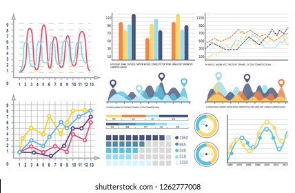 Infographics and curves pie diagrams with segments vector. Design of visualized data, visualization in flowcharts, graphs and schemes with scales