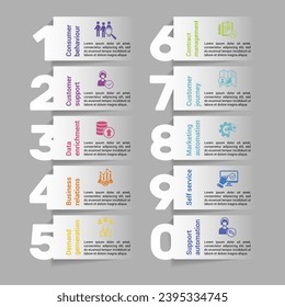 Infographics with Customer Relationship theme icons, 10 steps. Such as consumer behaviour, customer support, data enrichment, business relations and more.