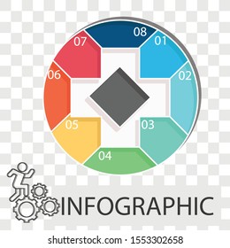 Info-graphics cyclic processes on transparency background, text area for 8 positions to use for work flow, Flat vector illustration for diagram, web design, banner or brochure.