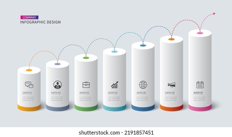 Infographics  cylinder timeline with 7 number data template. Vector illustration abstract background.