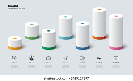 Infographics  cylinder timeline with 7 number data template. Illustration abstract background.