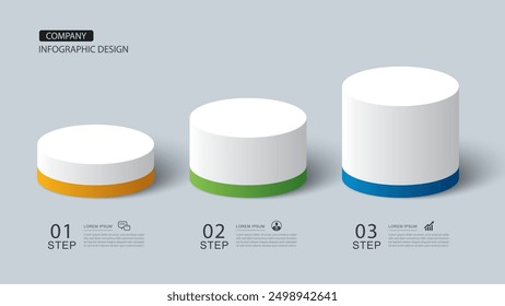 Infographics cylinder timeline success with 3 number data template. Illustration abstract background.