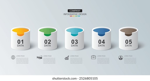 Cilindro de infografía de éxito de la línea de tiempo con la Plantilla de datos de 5 números. Fondo abstracto de la ilustración.