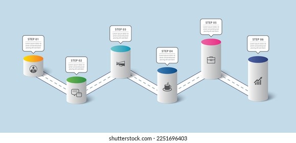 Infographics cylinder timeline to success business with 6 number data template. Vector illustration abstract background.