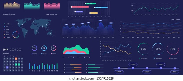 Infographics dashboard. Admin panel interface with color charts, graphs, calendar and charts on a dark background. Web design vector template graphics and charts infographics, vector illustration