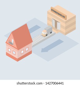 Infographics of delivery of products from the warehouse to the house. Style - Isometric.