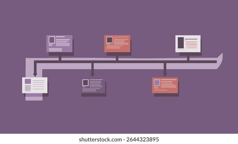 Infographics demonstrate workflow displaying progression against violet backdrop simple process