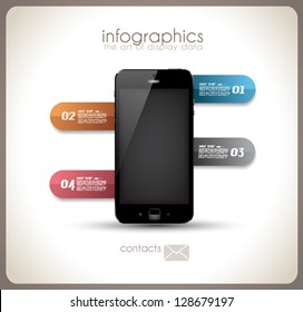 Infographics Desgin template with high tech smartphone with touch screen and a lot of paper tags