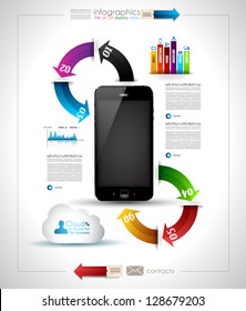 Infographics Desgin template with high tech smartphone with touch screen and a lot of paper tags