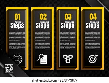 infographics design, 4 process chart diagram template for presentation workflow, abstract timeline elements, flow chart business black color layout concept