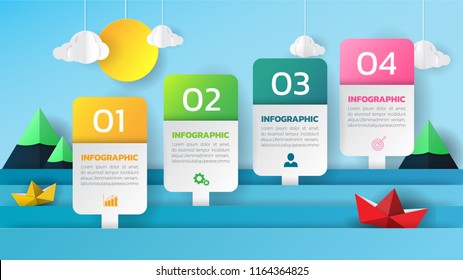 Infographics design 4 steps with sea view background, paper origami concept,can be used for workflow layout, poster, web design. creative banner, presentation template. vector illustration.