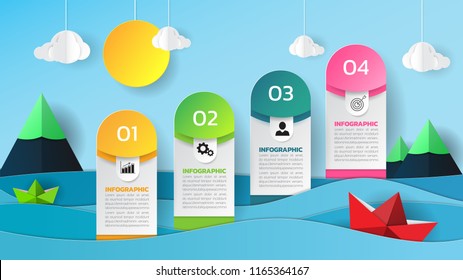 Infographics design 4 steps with sea view background, paper origami concept,can be used for workflow layout, poster, web design. creative banner, presentation template. vector illustration.