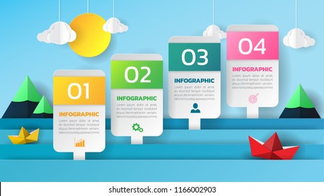 Infographics design 4 steps with sea view background, paper origami concept,can be used for workflow layout, poster, web design. creative banner, presentation template. vector illustration.