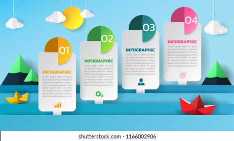 Infographics design 4 steps with sea view background, paper origami concept,can be used for workflow layout, poster, web design. creative banner, presentation template. vector illustration.