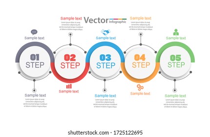 El diseño de infografías con 5 opciones, pasos o procesos se puede utilizar para diseño de flujo de trabajo, diagrama, informe anual, diseño web.