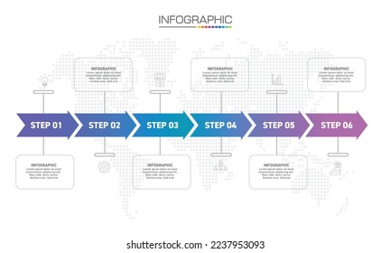 Infographics design 6 steps with marketing icons can be used for workflow layout, diagram, annual report, web design.