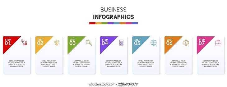 Infographics design card template with 7 options or 7 steps. use as workflow process diagram,business data  presentation, timeline layout, milestone, banner, brochure, flow chart