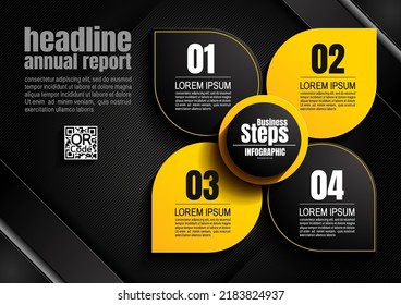 infographics design, circle 5 process chart diagram template for presentation workflow, abstract timeline elements, flow chart business yellow and black color layout concept