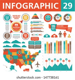 Infographics design elements 29. Business template in flat style for presentation, booklet, website and other creative projects. USA map. 