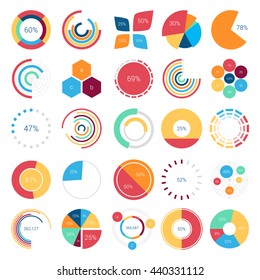 Infographics design elements with bar or circle, petal or leaf, pie or gauge charts and step diagram for statistic report or document. Visualization poster template for analytics layout of data