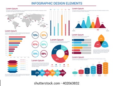 Infographics design elements with pie charts and step diagram with circles, world map with pointers and silhouettes of ships, text layouts, bar graphs and histograms